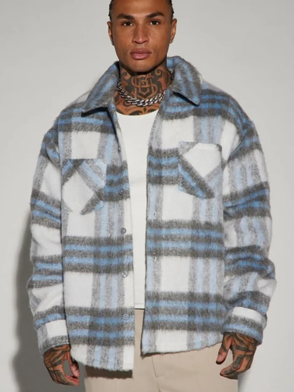 Fashion Nova Cream, Gray & Light Blue Plaid Shacket